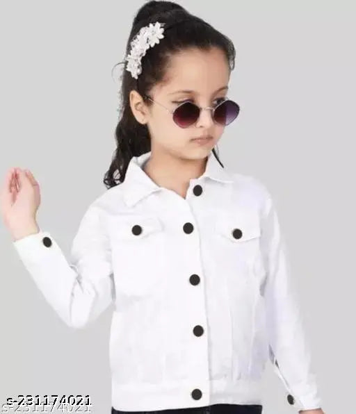 Kids white cotton jacket, solid design for girls & boys, long sleeves, sizes 1-14 years