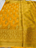 Yellow chiffon Banaras saree, traditional zari woven pattern, free size, India origin
