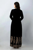 Black embroidered rayon Aline kurti, three-quarter sleeves, zari yoke & foil print hem, elegant Indian fashion accessory