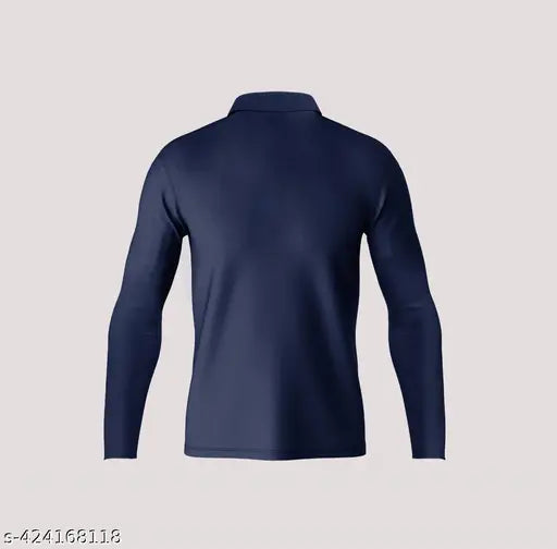 Blue polo collar cricket t-shirt for men, dri-fit polyester with long sleeves and printed check pattern