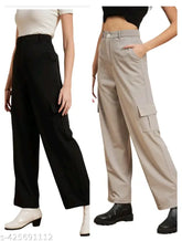Cotton Blend cargo pants combo pack, solid or checked, high rise, slanted inset pocket, stretchable, suitable for casual and formal wear, sizes S-XL