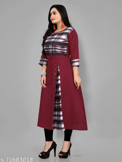 Women's casual printed front slit cotton blend kurti, checked pattern, three-quarter sleeves, low price, Indian origin