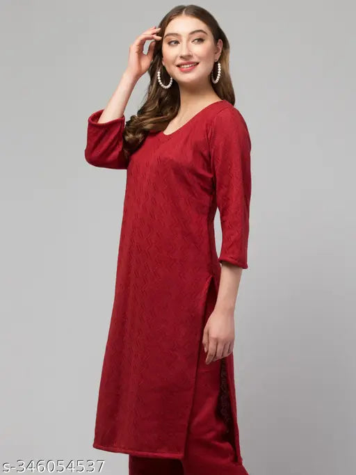 Maroon woolen embroidered kurti for women/girls, three-quarter sleeves, round neck, lace detailing, Indian origin