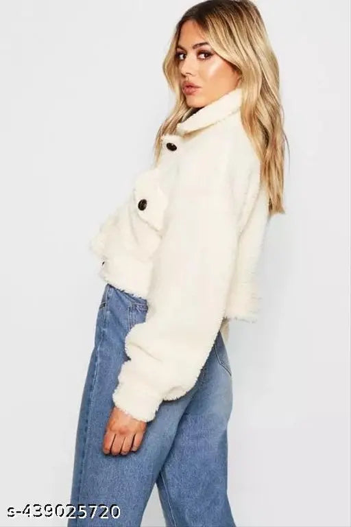 White wool teddy jacket for women, long sleeves, solid pattern