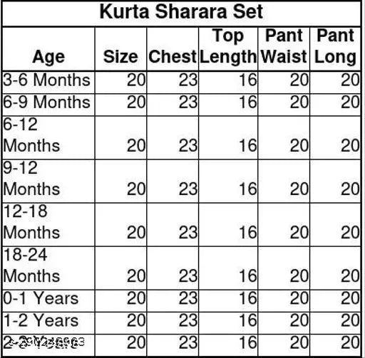 Printed rayon baby girls Kura & Palazzo Set combo for casual, A-line top with three-quarter sleeves and palazzo bottoms. Multiple sizes available from 0-3 months to 2-3 years. Made in India