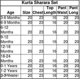 Printed rayon baby girls Kura & Palazzo Set combo for casual, A-line top with three-quarter sleeves and palazzo bottoms. Multiple sizes available from 0-3 months to 2-3 years. Made in India
