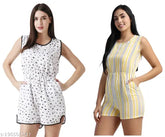 White-yellow striped crepe sleeveless short jumpsuit on model, ideal for festive occasions
