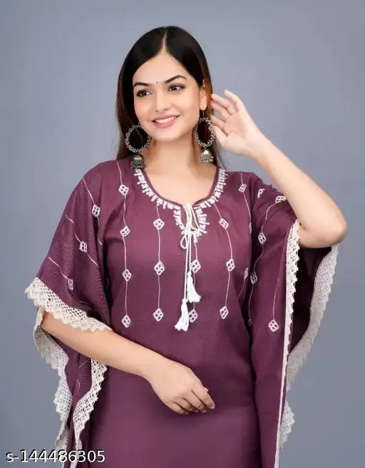 Purple rayon embroidered maxi kaftan nightdress, perfect for home lounging or vacations