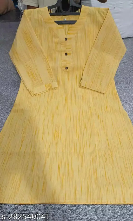 Yellow pure cotton straight kurti with three-quarter sleeves and floral print, ideal for casual or formal wear. Perfect for daily use and available in sizes M, L, XL, XXL, XXXL, 4XL