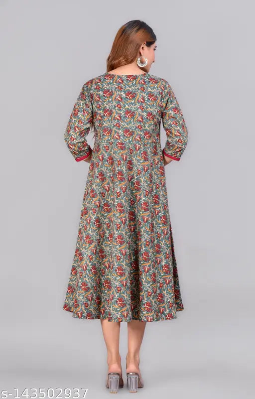 New cotton printed Anarkali kurta with three-quarter sleeves, vibrant Indian design. Perfect for functions, festivals, parties, and weddings