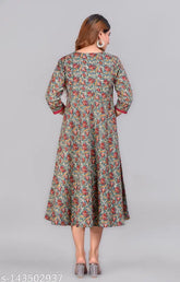 New cotton printed Anarkali kurta with three-quarter sleeves, vibrant Indian design. Perfect for functions, festivals, parties, and weddings