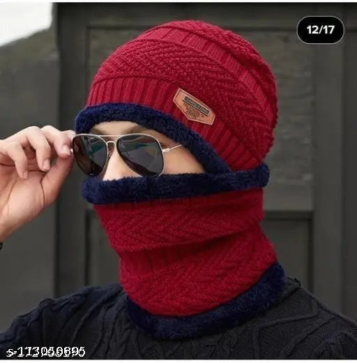 Maroon wool textured cap set, featuring a balcolava and muffler, handcrafted in India