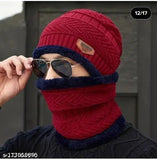 Maroon wool textured cap set, featuring a balcolava and muffler, handcrafted in India