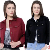 Trendy cotton-blend denim jacket combo pack for women and girls, self-designed net pattern in three-quarter sleeves