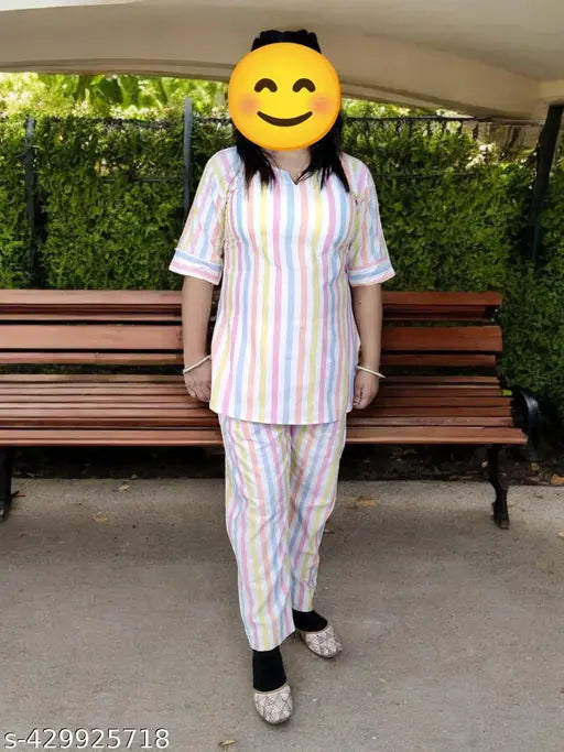 Multicolor striped cotton blend nightsuit, soft and cozy, perfect for women's sleepwear & relaxation