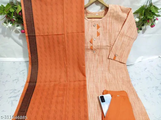 Orange cotton kurta set with dupatta and bottomwear for women - fashionable self-design, three-quarter sleeves, high-quality cotton fabric
