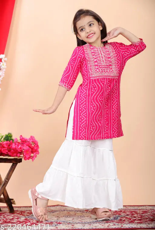 Kids girl embroidered rayon kurta sharara set, A-line with three-quarter sleeves, vibrant printed pattern, popular Indian traditional wear for girls aged 4-8 years