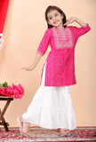 Kids girl embroidered rayon kurta sharara set, A-line with three-quarter sleeves, vibrant printed pattern, popular Indian traditional wear for girls aged 4-8 years