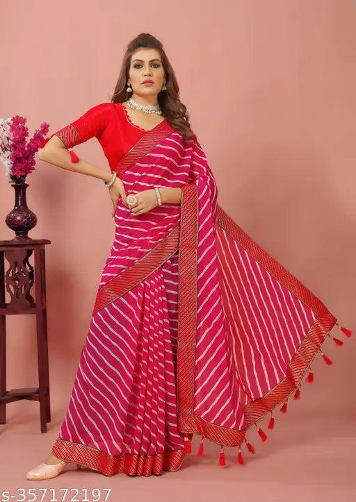 Georgette print silk Lehriya saree with striped running blouse and printed lace, single piece in free size, India origin