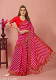 Georgette print silk Lehriya saree with striped running blouse and printed lace, single piece in free size, India origin