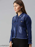 Blue denim women's full sleeve jacket, solid pattern, long sleeves, versatile, casual wear, Indian origin