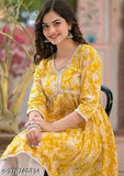 Yellow rayon printed kurti with three-quarter sleeves, ideal for office wear and summer, soft and comfortable rayon fabric