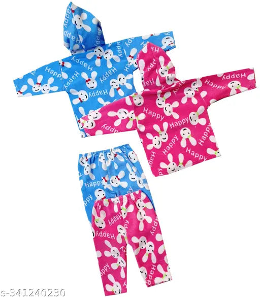 Multi-colored cotton long sleeve T-shirt & pyjama combo set for baby boys and girls, featuring hoody neckline, elasticated waistband, and printed patterns. Perfect for delicate skin and everyday wear. Made in India