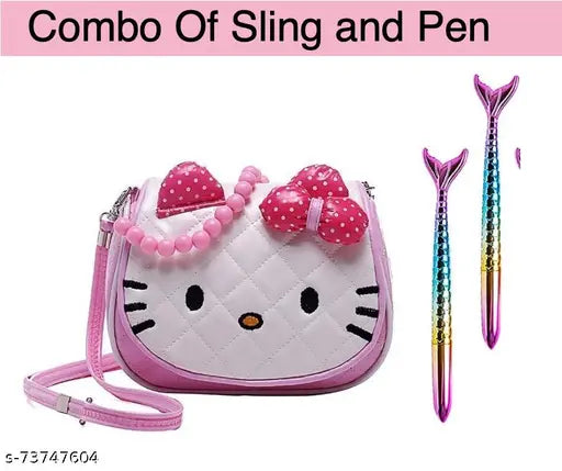 Light Pink Fabric & PU Leather Combo: Cartoon Character Crossbody Hand Purse, LED Pen Set, Kids Birthday Gift - Versatile Style for Toddlers to 8-year-olds