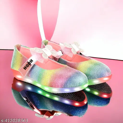 Kids multicolor party wear: shiny pink, blue, golden LED lighting belly, synthetic leather and rubber, embellished, Velcro fastening