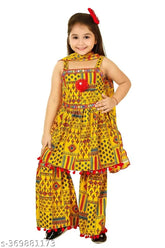 Cotton blend girls kurti and palazzo set, A-line with embellished sleeves, comfortable for kids under 300