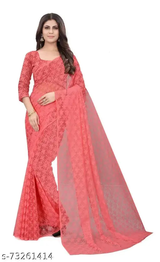 Brasso Net Pink Jacquard Art Silk Saree with Net Embroidered Blouse, free size from India