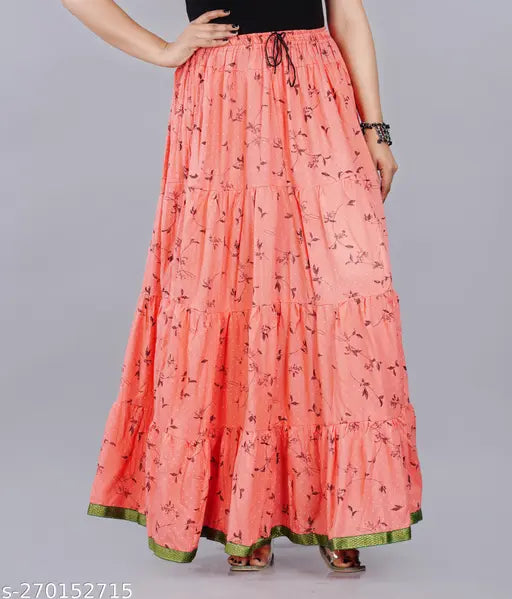 Printed rayon long skirt, beautiful design for women & girls. Multiple sizes available: M, L, XL, XXL, XXXL, & free size