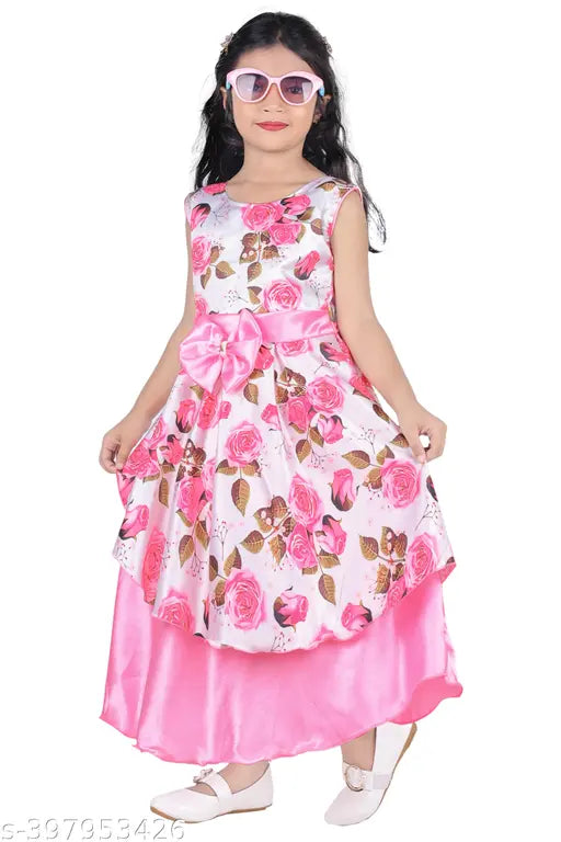 Trendy silk gown with digital print (pink), sleeveless, ethnic wear for girls, festive occasion wear, silk and cotton blend fabric. Sizes: 2-3 Years, 3-4 Years, 4-5 Years, 5-6 Years, 6-7 Years, 7-8 Years, 8-9 Years, 9-10 Years, 10-11 Years. Made in India