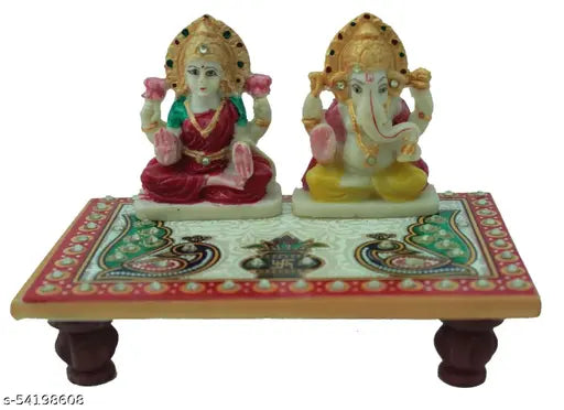 Handmade marble Anticia Chowki with Laxmi Ganesh statues (6X4 Bajot), Indian-crafted puja showpiece or gift item