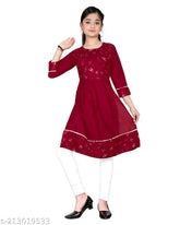 Rayon embroidered straight kurta, embellished net pattern for girls aged 10-11 years, traditional Indian attire for fashionable kids