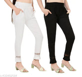 Solid cotton blend pencil trousers (L, XL), trendy design with lace panel and elastic waistband, semi-formal for casual, office, party use