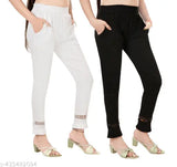 Trendy cotton blend solid pencil trousers, stretchable with lace panel, ankle length for casual and office use