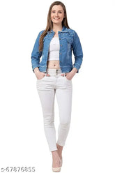 Light blue denim teen patti moti jacket, solid pattern, three-quarter sleeves for women's casual wear, Indian origin