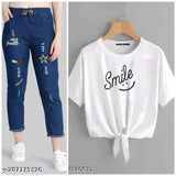 Denim printed net short sleeves women's top & bottom sets, premium knitted jeggings ideal for party wear and daily wear