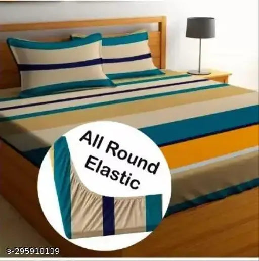 Striped cotton fitted double bedsheets with 2 pillow covers, ideal for summer adult use on hard surfaces