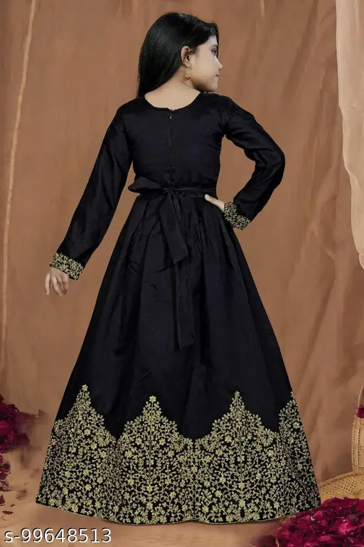 Yellow polyester kids long gown with heavy embroidery, perfect for parties and special occasions