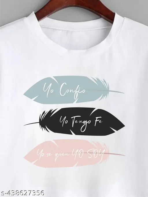 White cotton blend printed crop top with feather design, stylish and fun for women's fashion, short sleeves, size S (36in bust, 17in length)