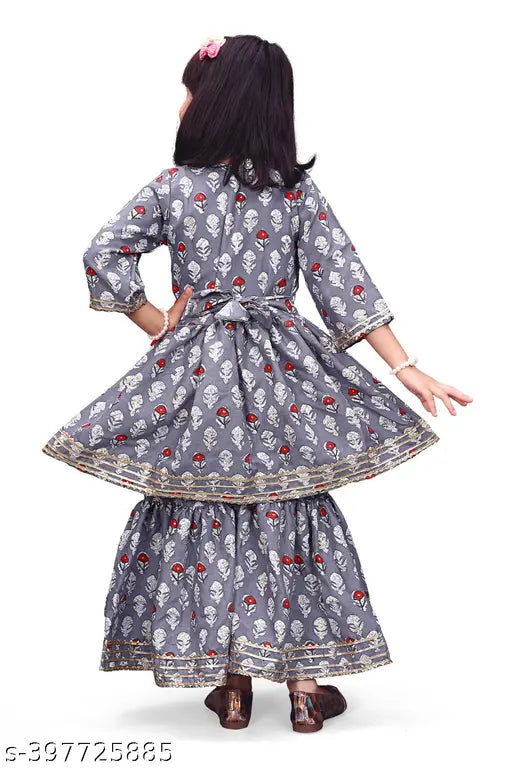 Grey Festive Collection Pure Cotton Anarkali-Sharara Pants Kurta Set for Girl, printed with festive motifs, size 12-18 months (top length 19 inches, bottom length 19 inches)