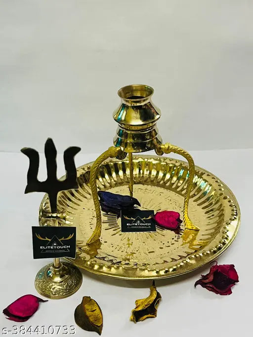 Brass pooja plate thali with Shiv Trishul, Shivling stand, and gold-decorated abhishek lota Kalash (1 piece) - Indian Shiva idol showpiece for Shivratri or jalabhishek