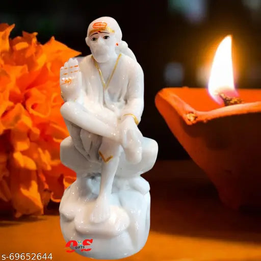 White marble Shirdi Saibaba statue, 6 inch tall God idol with gold mukut and free Mala for home and office use in mandir