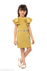 kids girl western midi dress, polyester, short sleeves, solid pattern, 12-13 years (bust size: 34 in, length size: 37 in), lining inside, zipper back, fashionable belt. Made in India