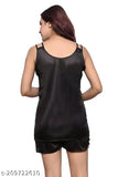 Black satin women's solid top & shorts set, comfortable sleepwear/lounge wear for special nights or bedroom