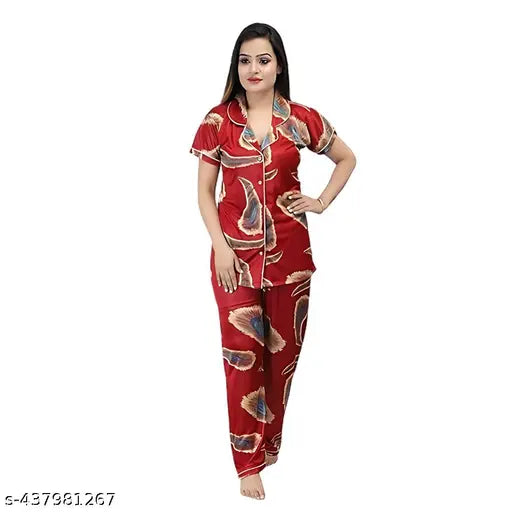 High-quality satin printed red night suit set for women & girls, featuring a comfortable two-piece design with short sleeves and matching pyjamas. Made in India