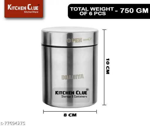 Stainless Steel 6-piece spice box set for home kitchen, airtight lids keep contents fresh and easily identifiable