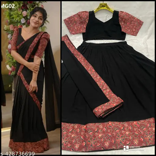 Trending South Collection Faux Georgette Lehenga-Dhavani Set, free size in solid color, 3-color blouse up to XXXL, Indian made